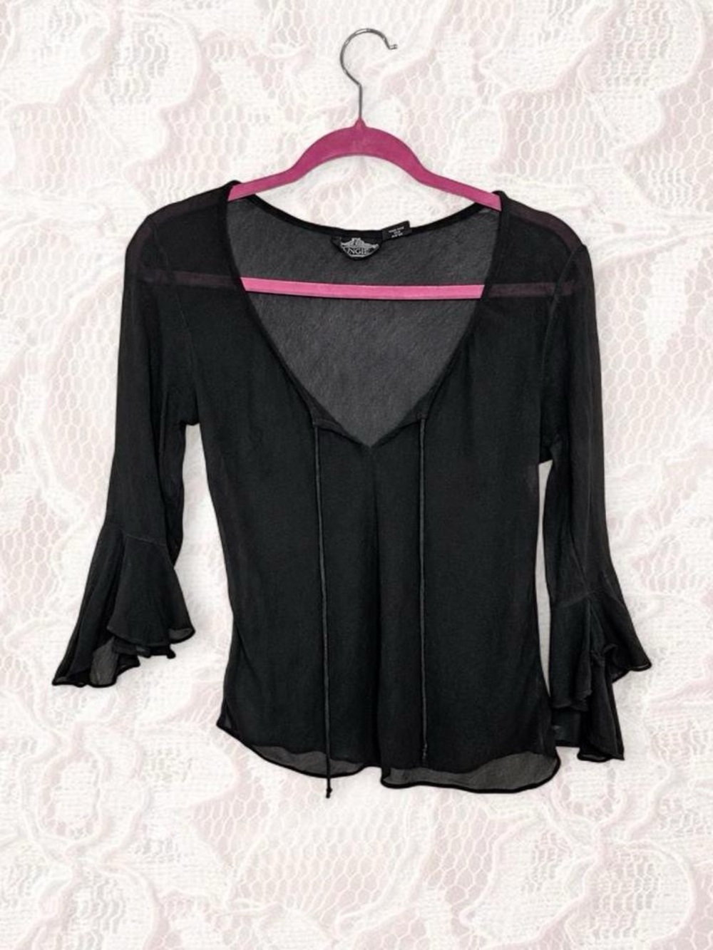 Angie Black Sheer V-Neck Bell Sleeve Blouse Small